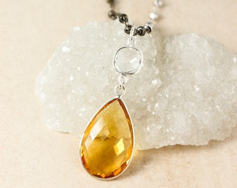 Crystal Quartz & Yellow Citrine Quartz Teardrop Necklace, Metallic Pyrite Chain, Layering Necklace