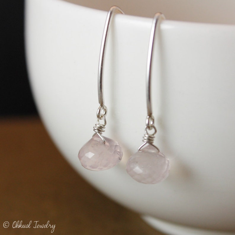 Pink Dainty Rose Quartz Dangle Earrings, Pink Stone Earrings, Healing Rose Quartz, 14KT Gold Filled Hooks image 3