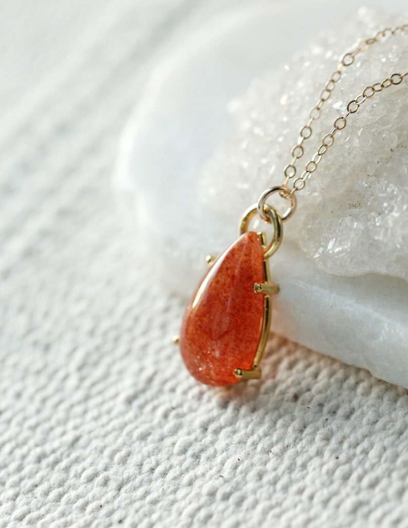 Orange Peach Sunstone Pear Pendant, Big Sunstone Teardrop Necklace, Energizing Crystal, Good Luck Pendant, Positive Energy Crystal image 2