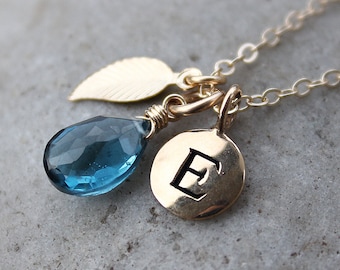 London Blue Topaz Quartz, Hand Stamped Initial Charm Necklace, Sentimental Gifts
