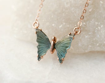 Rose Gold Tourmaline Butterfly Pendant: Teal Blue & Black Sterling Silver