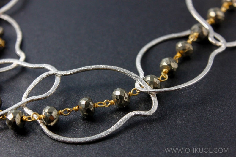 Long Necklace Free Form Hoops Silver Black Pyrite Statement Necklace