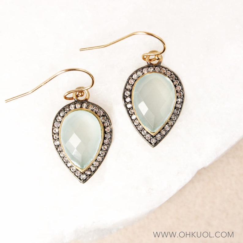 Micro-Pave White Topaz 14Kt Gold Filled Gold Aqua Chalcedony Teardrop Earrings Reverse Teardrop Earrings