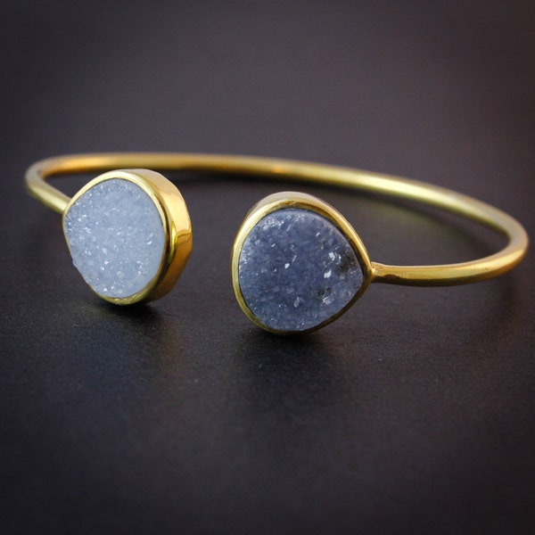 Blue and Grey Druzy Bangles - Adjustable Bangles, Druzy Quartz Bracelets - Boho Style