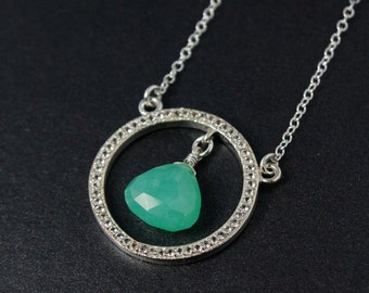 Silver Mint Green Chrysoprase Necklace, Hoop Pendant, 925 Silver