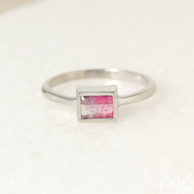 Rectangular Cut Bezel Setting Silver Pink Ombre Tourmaline Ring