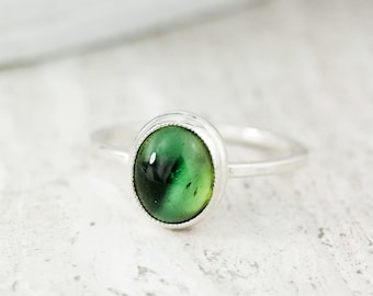 Sterling Silver Oval Tourmaline Ring: Green Teal Gemstone