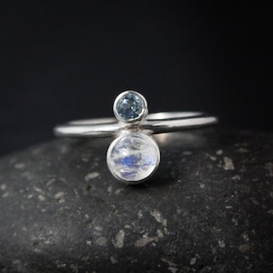 Rainbow Moonstone & Birthstone Ring, June Birthstone Ring, Dual Birthstone Ring, Choose Your Stone