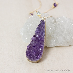 Purple Agate Druzy Necklace, Blue Topaz and Purple Amethyst, Purple Druzy Pendant, Natural Agate Druzy, Protective Pendant
