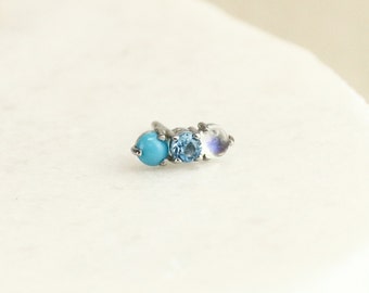 Silver Dainty Three Stone Birthstone Bar Stud Earring, Moonstone Blue Topaz Turquoise Earrings,  Blue Topaz Studs