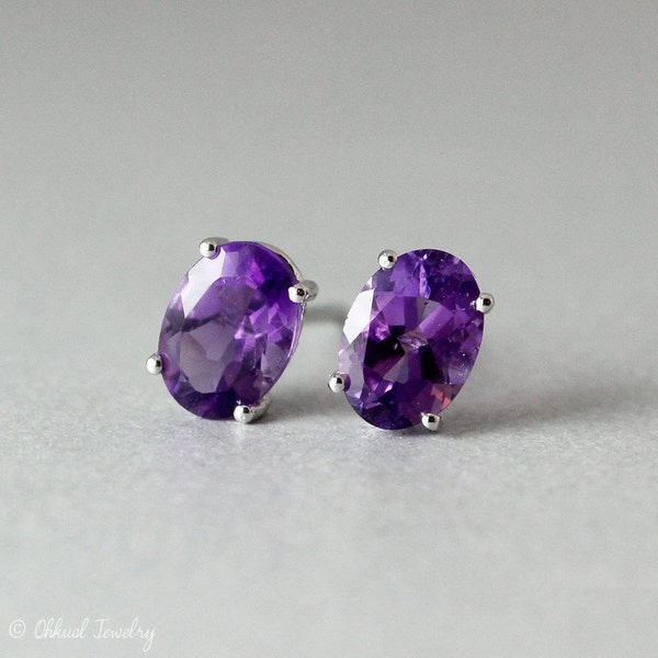 50% OFF Oval Purple Amethyst Stud Earrings - 10KT White Gold - February Birthstone Studs