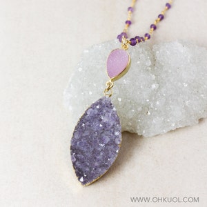 Pink Druzy Necklace, Purple Amethyst Druzy Layering Necklack, Boho Amethyst Beaded Chain
