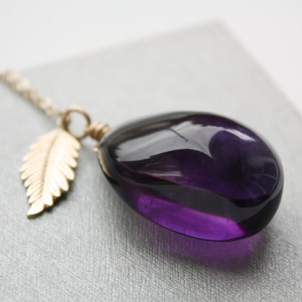 Brilliant Purple Amethyst Necklace - Feather - Leaf - 14KT Gold Filled