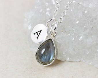 Blue Labradorite Teardrop Charm Necklace, Labradorite Layering, Hand Stamped Initial