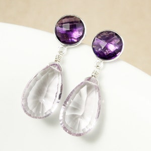 Purple Amethyst and Pink Amethyst Teardrop Earrings, Gold or Silver, February Amethyst, Pear Shape Earrings