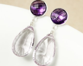 Purple Amethyst and Pink Amethyst Teardrop Earrings, Gold or Silver, February Amethyst, Pear Shape Earrings