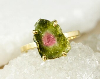 Rose Gold Bi-Color Watermelon Tourmaline Slice Ring, Raw Tourmaline Slice, Gemstone Slice Ring