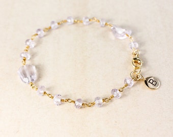 Pink Amethyst Beaded Bracelet: 14KT Gold Filled Initial Charm
