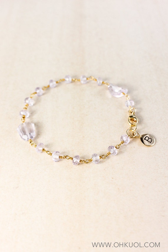 Pink Amethyst Beaded Bracelet: 14KT Gold Filled Initial Charm