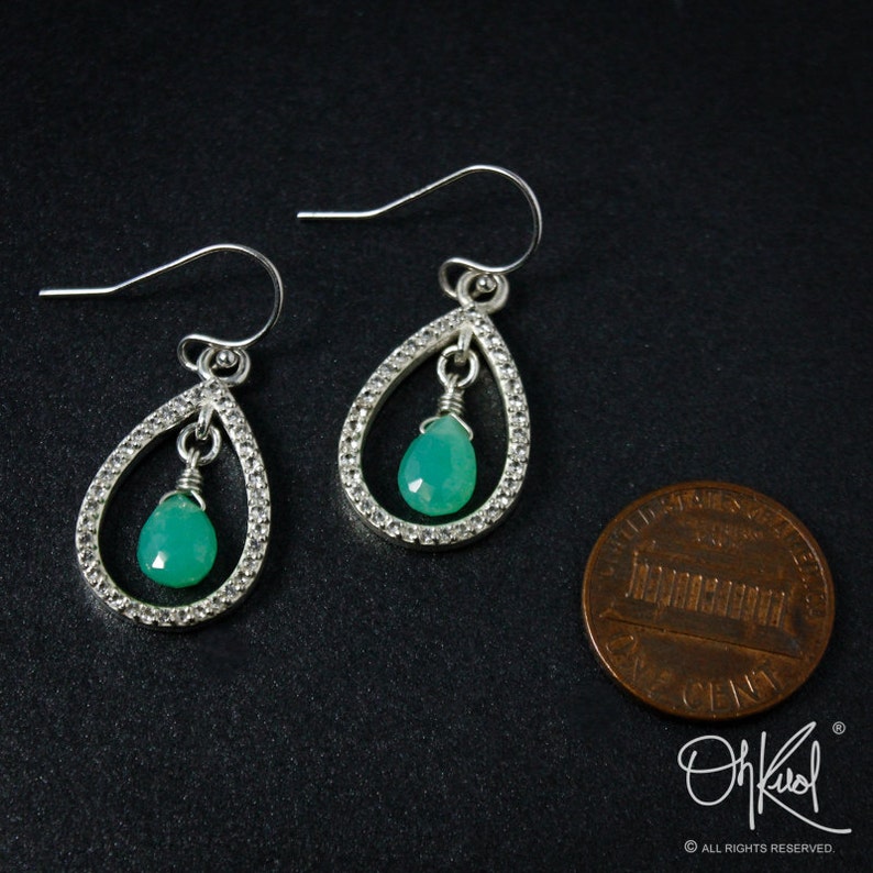 925 Silver Silver Mint Green Chrysoprase /& Pave White Topaz Teardrop Earrings