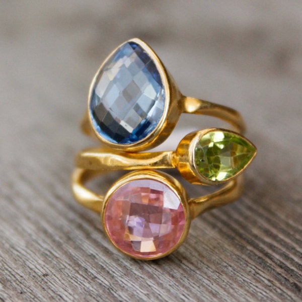 Gemstone Stacking Rings - Blue Topaz, Green Peridot, Pink Quartz - Set of 3, Birthstone Rings