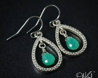 Silver Mint Green Chrysoprase & Pave White Topaz Teardrop Earrings - 925 Silver