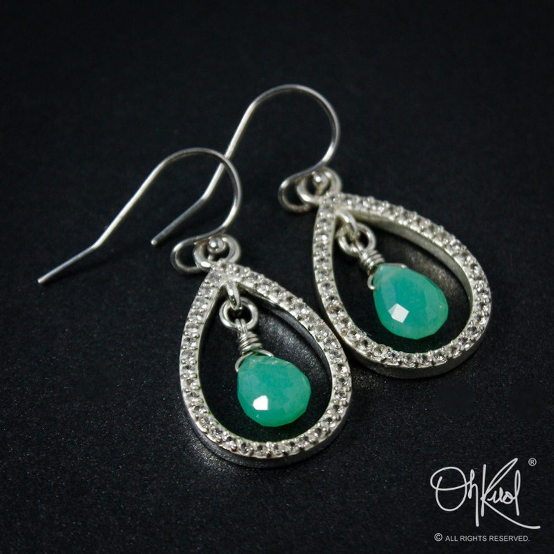 925 Silver Silver Mint Green Chrysoprase /& Pave White Topaz Teardrop Earrings