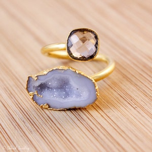 Raw Geode Druzy And Smokey Quartz Ring - Dual Gemstone Ring - Choose Your Favorite Stone