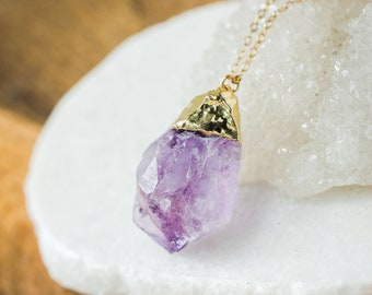 Gold Raw Amethyst Pendant Necklace: Protective Crystal Jewelry