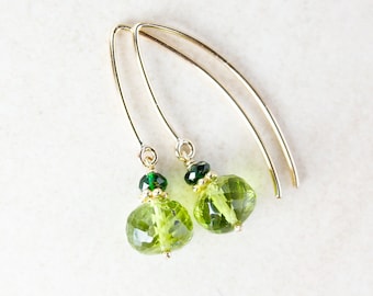 Gold Green Peridot & Green Tourmaline Drop Earrings, August Birthdays, Earthy Colours