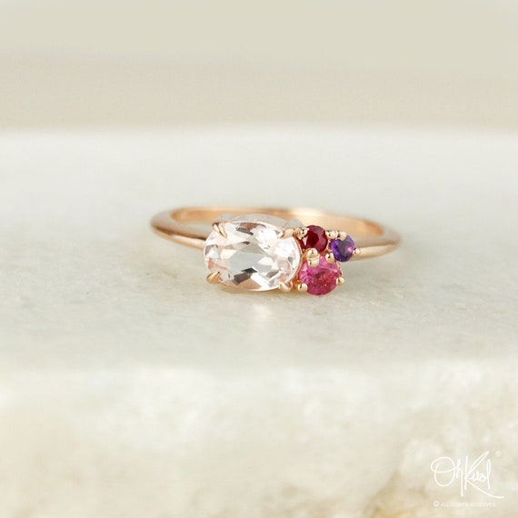 Rose Gold Morganite Cluster Ring: Tourmaline, Amethyst, Ruby, 10kt Gold