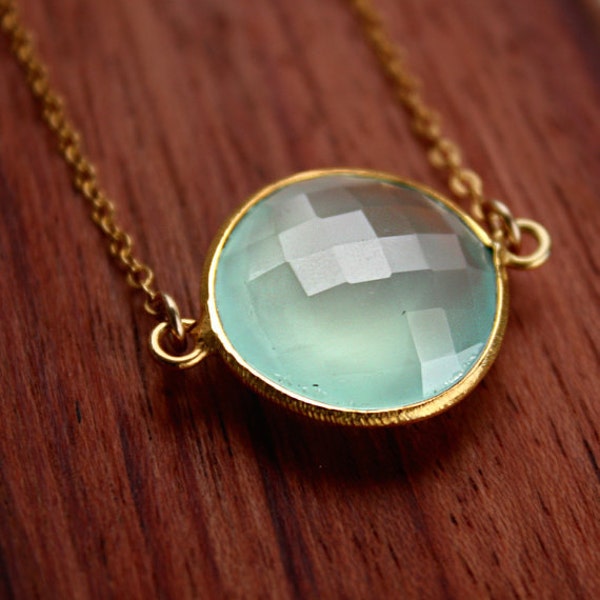 Aqua Chalcedony Necklace - Gold Filled - Bezel Necklace, Sea Foam Green