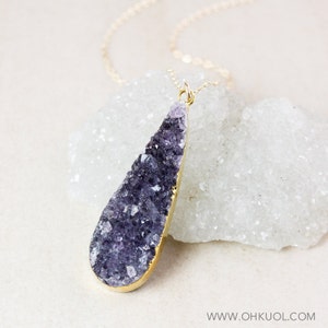 Purple Teardrop Druzy Necklace, Swallow Charm Necklace, Boho Druzy Pendant