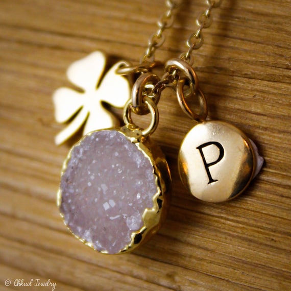 Gold Lilac Druzy Necklace: Clover Charm & Initial Letter