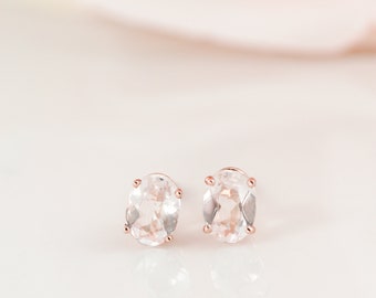 Rose Gold Oval Pink Morganite Studs, Dainty Morganite Earrings, Prong Set Oval Studs, Baby Pink Bridesmaid Earrings, Gift for Wife