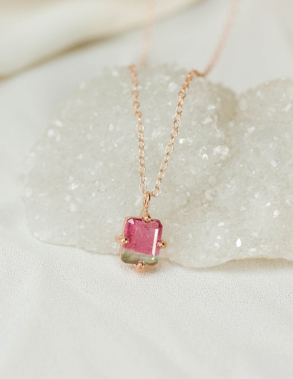 Rose Gold Watermelon Tourmaline Pendant Dainty Prong photo