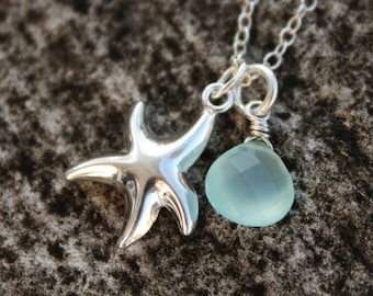 Silver Starfish Charm Necklace, Aqua Blue Chalcedony Teardrop, Sterling Silver