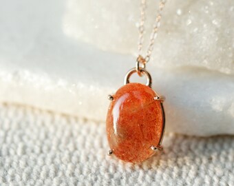 Oval Peach Sunstone Pendant, Prong Set Orange Sunstone Necklace, Energizing Crystal, Healing Orange Chakra Crystal, Good Luck Pendant