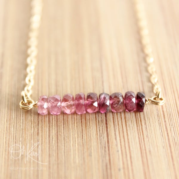 Pink Ombre Necklace, Pink Tourmaline Necklace, 14K Gold Fill, Pink Ombre Bar Necklace,