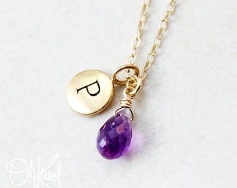 Purple February Amethyst Necklace, February Birthdays, Hand Stamped Initial Necklace