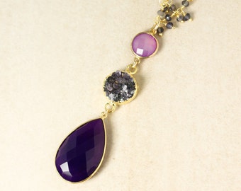 Gold Druzy & Purple Chalcedony Teardrop Necklace, Statement Necklace, Choose Your Pendant