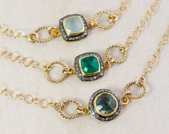 Gold Gemstone Bracelet: Pave Champagne Diamonds, Choose Your Stone