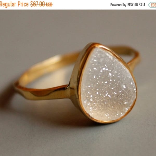 Gemstone Ring - Druzy Ring - White Agate Druzy - Teardrop Shape - Stacking Ring