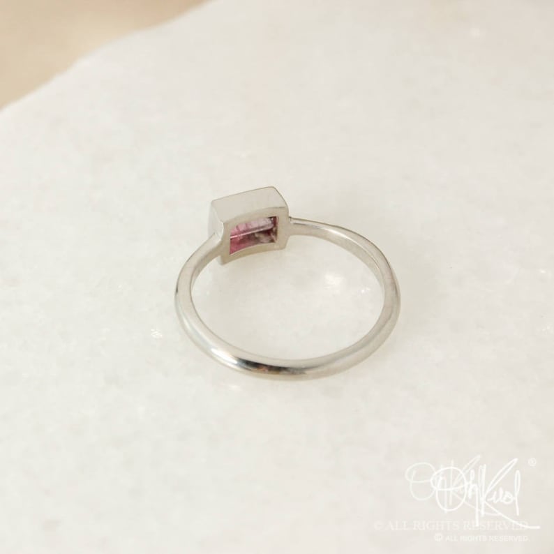 Rectangular Cut Bezel Setting Silver Pink Ombre Tourmaline Ring