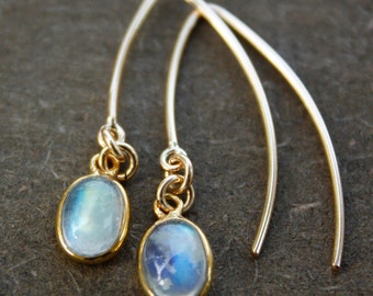 Gold Moonstone Earrings, Rainbow Moonstone Dangles, June Moonstone, New Beginnings Gift