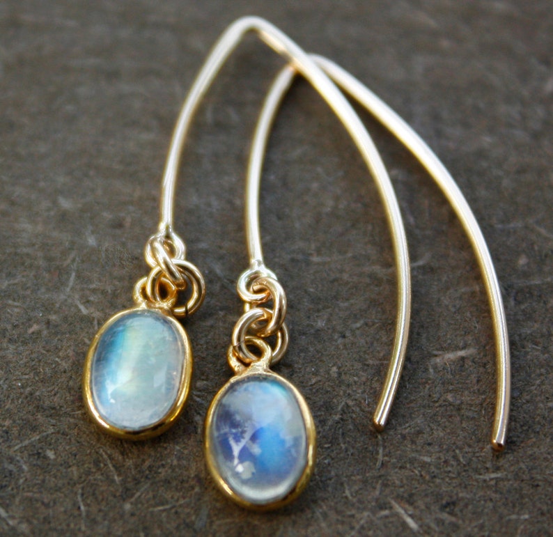 Gold Moonstone Earrings, Rainbow Moonstone Dangles, June Moonstone, New Beginnings Gift image 1