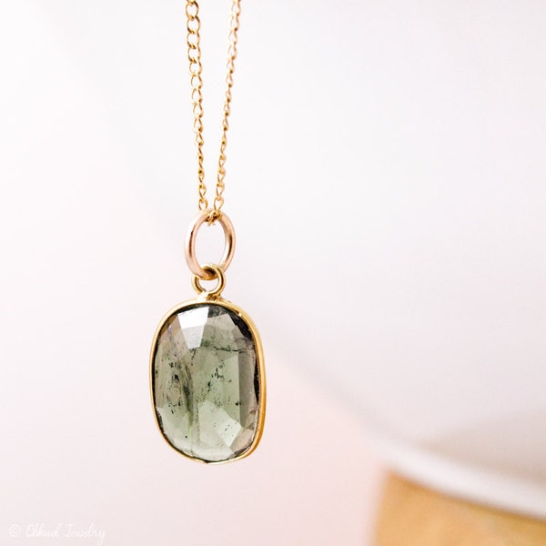 Emerald Green Tourmaline Necklace - Solid 14KT Gold, Collectors Piece