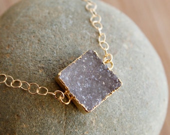 Square Druzy Quartz Bracelet: Gold Filled Chain, Choose Your Stone