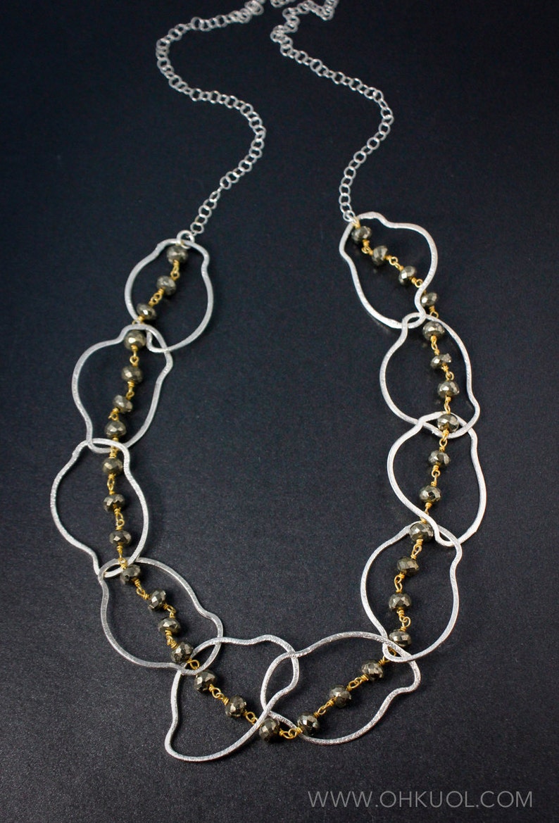Long Necklace Free Form Hoops Silver Black Pyrite Statement Necklace