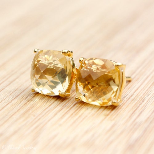 Gold Yellow Citrine Stud Earrings - November Birthstone - Birthstone Stud Earrings